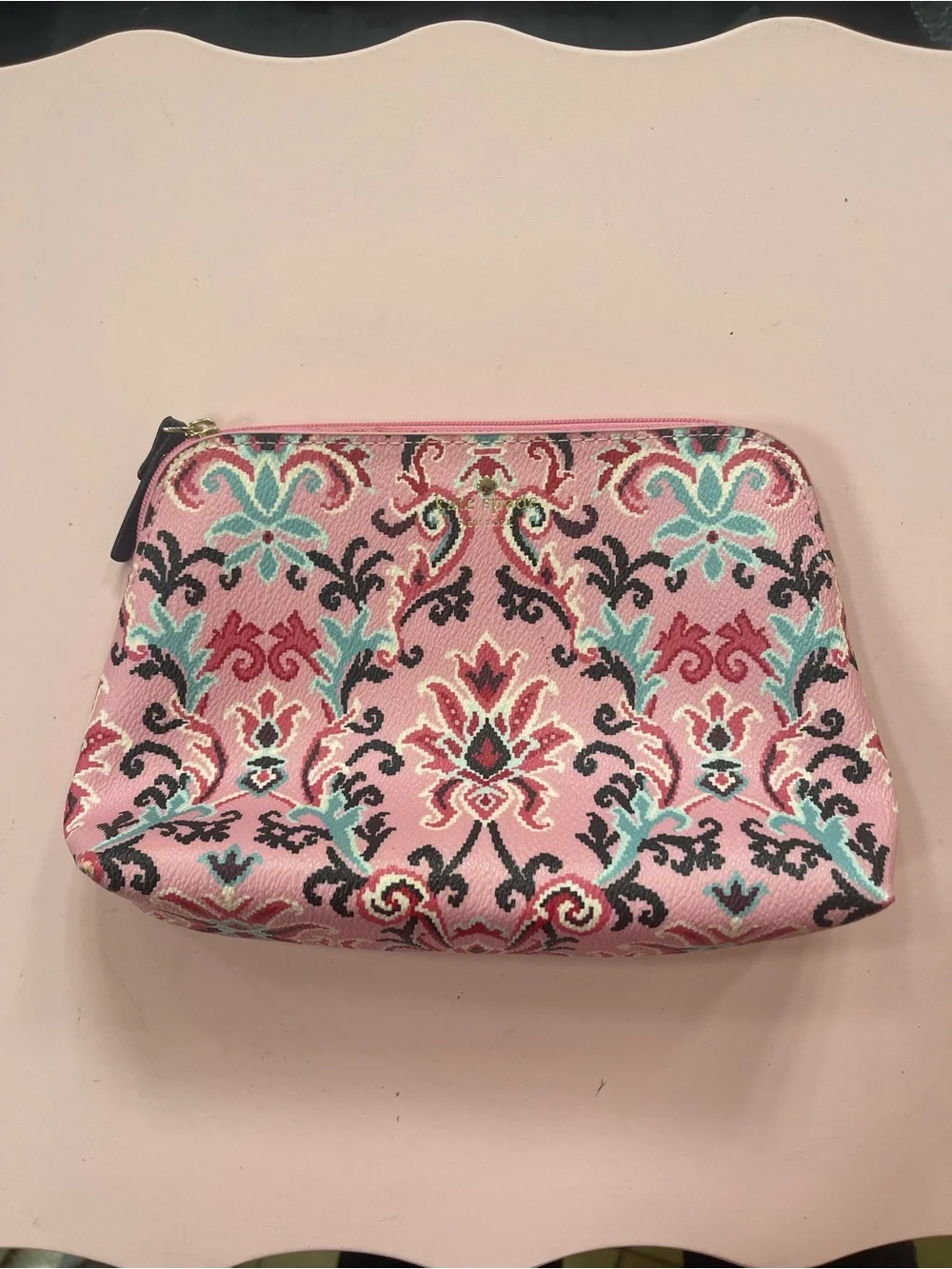 kate spade Pink Floral Jacquard Zip Cosmetic Pouch with Teal Accents